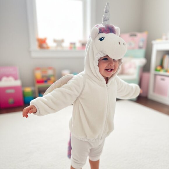 Baby Unicorn Zip Plush Coat Jacket Halloween Costume 18-24M w/ Iridescent Wings - Picture 1 of 7